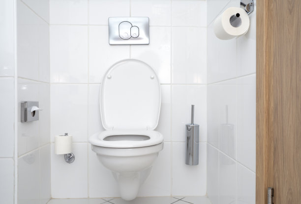 马桶内部有白色陶瓷马桶。酒店浴室的现代简约风格。图片下载