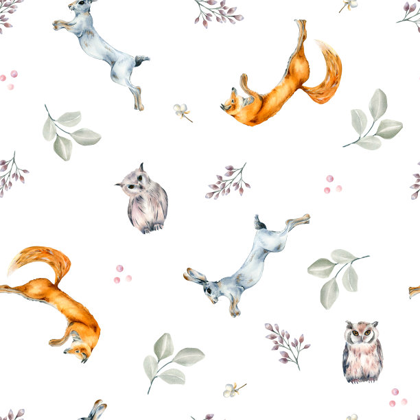 野生动物、野兔、狐狸、猫头鹰和植物水彩无缝图案隔离在白色上。图片下载
