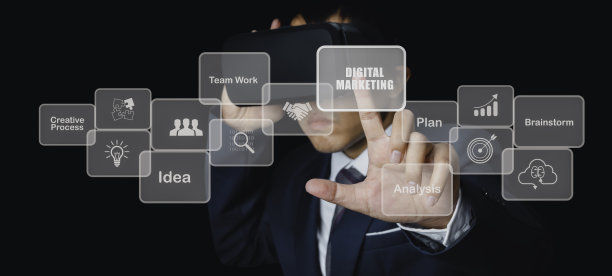 数字营销创意过程商业，商人戴VR眼镜虚拟行动计划商业战略。图片下载