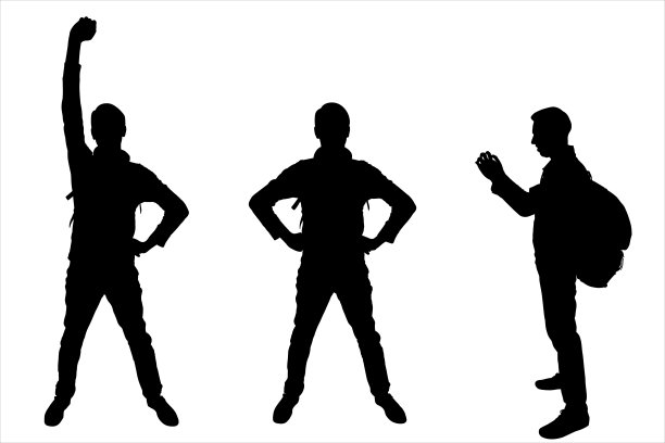 徒步旅行，徒步旅行，背包旅行。从正面看，一个男人举起了手。侧视图——一个男人在检查手机。孤立的徒步旅行者在白色背景。背包旅行者的剪影。图片下载