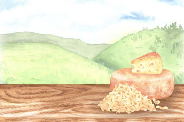 在青山的映衬下，奶酪放在桌子上。头，块和一堆磨碎的奶酪。水彩插图。孤立在白色背景上。用于乳制品、配方的设计图片下载