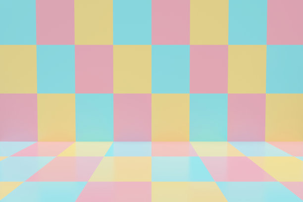 可爱的3d渲染插图的格子图案背景无缝。工作室里空桌子，方形空白背景，色彩柔和的条幅。极具创意的设计。图片下载