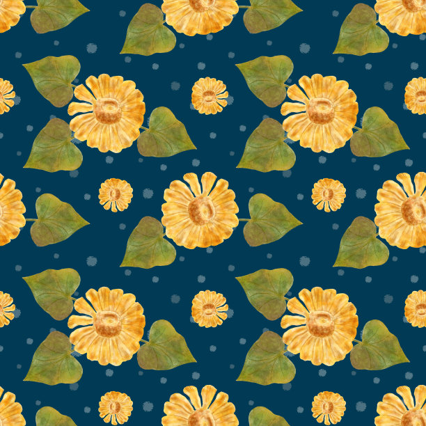秋天水彩无缝图案与向日葵和叶子。秋天的黄花。采购产品包装，文具，剪贴簿和纺织品设计。深蓝色背景上的花朵。图片下载