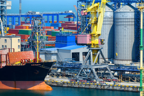 工业海港基础设施，海，起重机和干货船，粮仓，散货船和粮仓升降机，海上货物运输概念图片下载