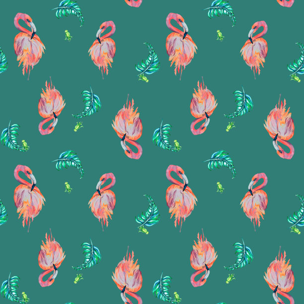 热带鸟类火烈鸟和棕榈叶水彩无缝模式在绿色背景。图片下载