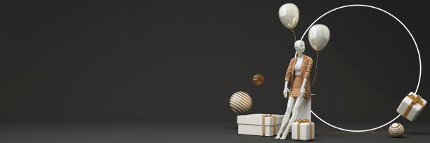 在一个抽象的概念中展示时尚正式服装的模特雕像。在石托盘几何产品的立场。隔离在黑色背景与促销销售。三维渲染图片下载