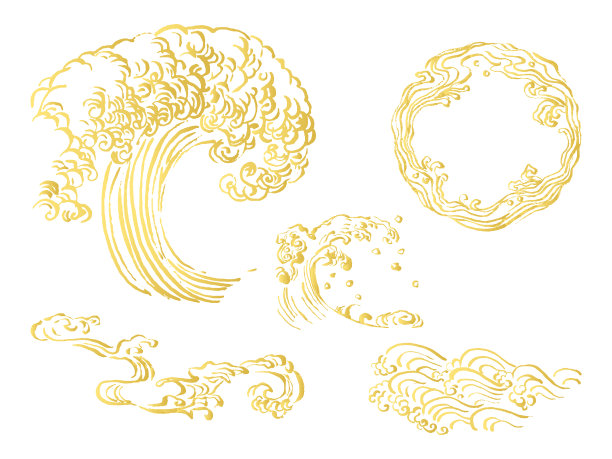 收集日本风格的波浪的微弱线条绘图插图。一套动态金色波浪发刷。海水飞溅图片下载