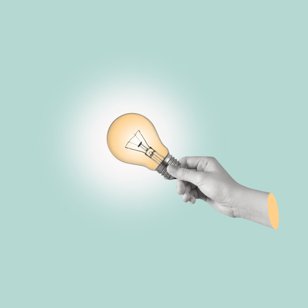 现代艺术拼贴画，一只手拿着一个灯泡。图片下载