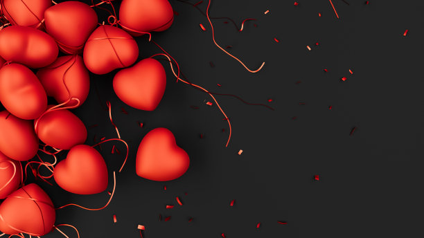 情人节闪亮的红心，黑色背景上的五彩纸屑。3d渲染插图。图片下载