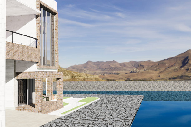 豪华住宅宽敞的外观，以山脉为背景。侧面全景。豪华的外观设计和建筑。三维演示图片下载