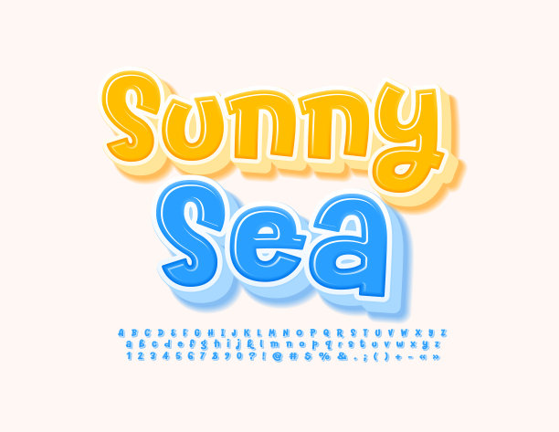 矢量明亮海报阳光大海。艺术字母，数字和符号集图片下载