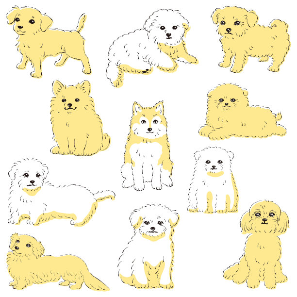 可爱流行的混合狗手绘线条矢量插图集图片下载