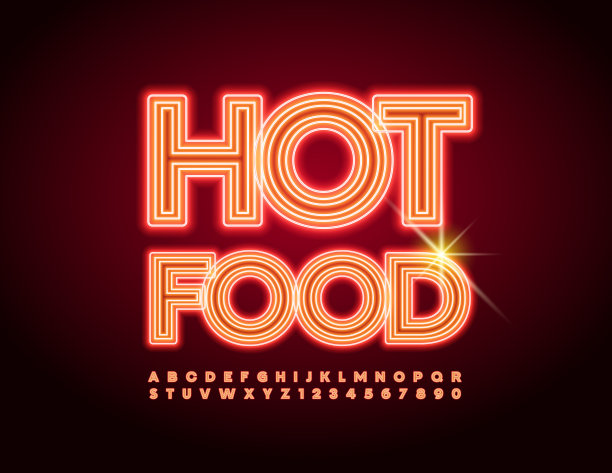 矢量广告招牌热的食物。霓虹灯字母和数字设置图片下载