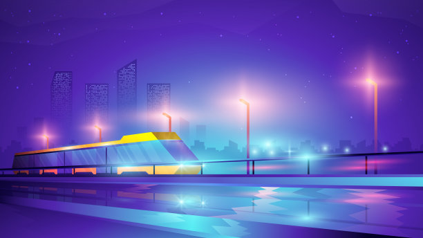 矢量梯度说明有轨电车在夜间城市。图片下载