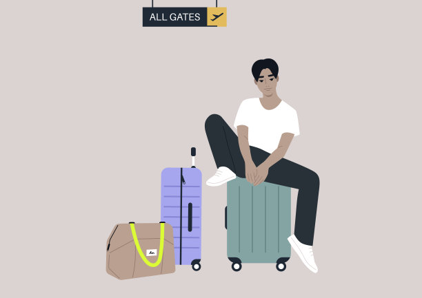 A passenger waiting for departure in the airport lounge with their cabin luggage, all gates sign hanging from the Ñeiling图片下载