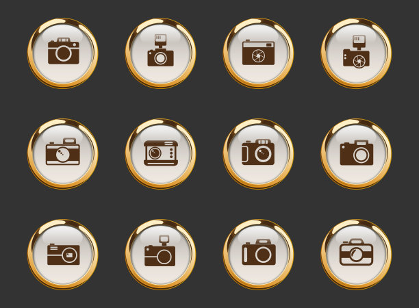 相机金边矢量图标在黑暗的背景。相机图标在金色框架的网页，移动和UI设计图片下载
