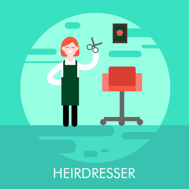 美发师在绿松石绿色的背景圈。造型师，风格，发型，剪刀，扶手椅，穿制服的女孩，围裙，发型，理发，上色。职业，事业，工作。职业的概念。图片下载