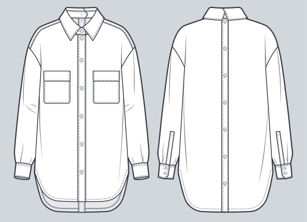 经典衬衫与口袋技术时尚插图。衬衫时尚平面技术图纸模板，纽扣关闭前后，袖口长袖，前后视图，白色，女性，男性，男女通用的CAD模型。图片下载