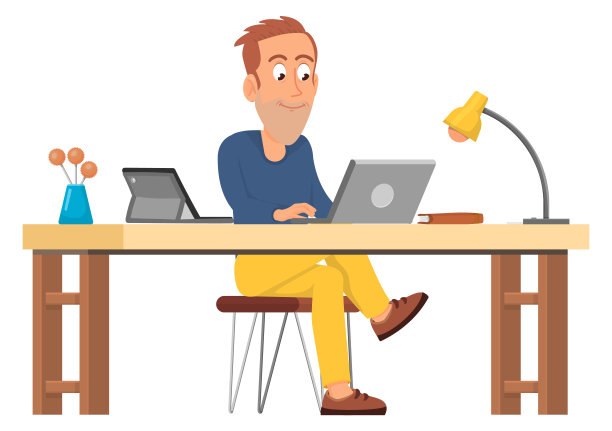 卡通自由职业者在笔记本电脑上工作。办公室，偏僻的办公地点图片下载