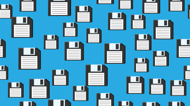 无缝模式无穷无尽的电脑与老式复古复古的白色潮软盘从70年代，80年代，90年代隔离在蓝色背景上。矢量图图片下载