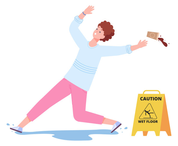 年轻女子在潮湿的地板上滑倒后，咖啡杯掉在地上图片下载