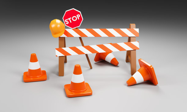 一套逼真的交通锥，安全帽，道路工作安全标志表示事故或红条纹白色道路标志。三维渲染图片下载