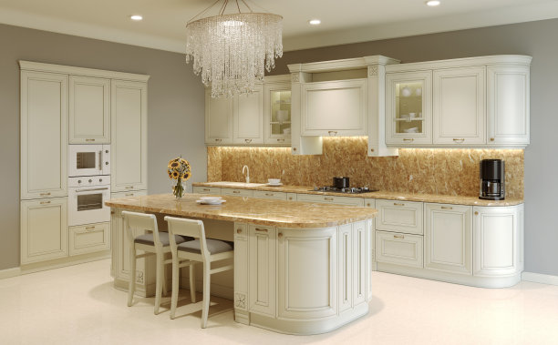 厨房采用现代风格，色彩柔和，围裙和大理石台面，烤箱，餐具。粉彩厨房与岛和吊灯。3 d渲染。图片下载