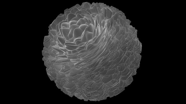白色网眼，变形球体。黑色背景。抽象插图，3d渲染。图片下载