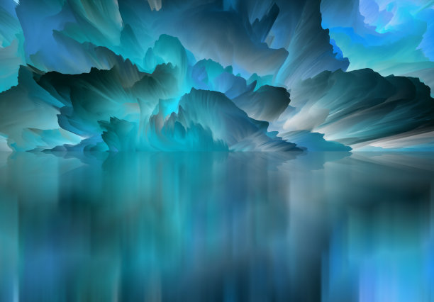 神奇的世界。抽象的景观，超现实的湖泊和倒影。艺术，创造力和想象力。三维演示图片下载