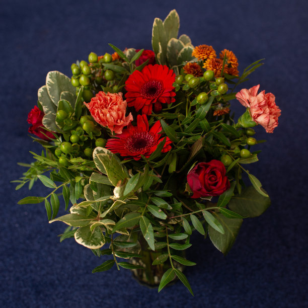 红色非洲菊，康乃馨和绿色植物的花束图片下载