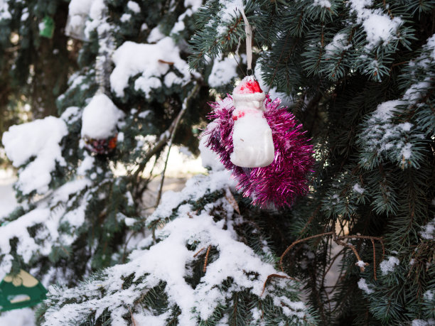 自制的新年玩具放在圣诞树上，上面盖满了雪。图片下载