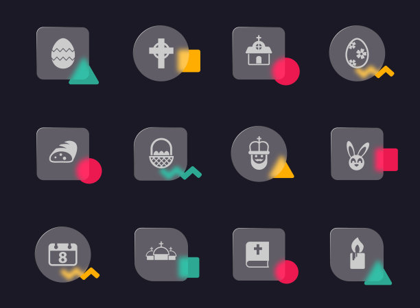 复活节玻璃形态新潮风格图标。复活节透明玻璃矢量图标与彩色孟菲斯数字。用于网页和UI设计，移动应用程序和促销商业广告图片下载