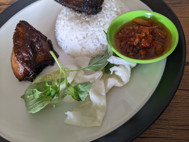 特写照片的烤鸡与传统酱汁和米饭在餐厅。图片下载