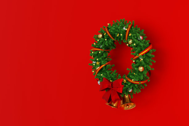 圣诞花环与蝴蝶结和彩带装饰物，庆祝圣诞快乐圣诞和新年快乐的节日，3D渲染。图片下载