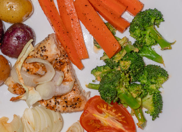 烤鸡和蔬菜的均衡膳食图片下载