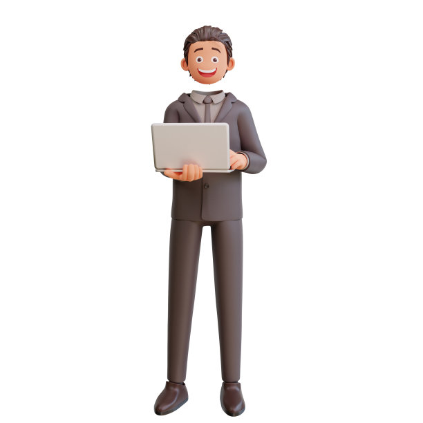 站立的快乐商人手持笔记本电脑的3D插图。沟通，办公场所概念。图片下载