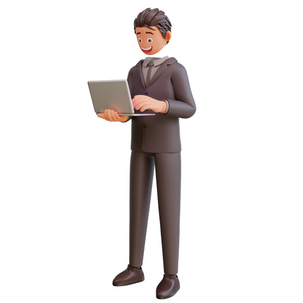 站立的快乐商人手持笔记本电脑的3D插图。沟通，办公场所概念。图片下载