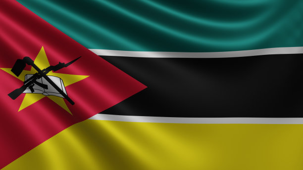 莫桑比克国旗在风中飘扬的特写，4k分辨率，特写，颜色:RGB。图片下载