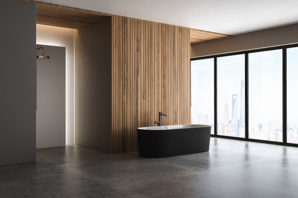 现代浴室内饰，混凝土地板，黑白浴缸和双盆，淋浴，木墙，从窗户可以看到植物和城市景观。极简主义的浴室与现代家具。三维渲染图片下载