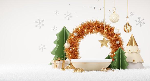 圣诞背景与讲台舞台平台在最小的新年活动主题。欢乐圣诞场景的产品展示模拟横幅。圣诞节冬季场景中的空台座装饰。3 d渲染。图片下载