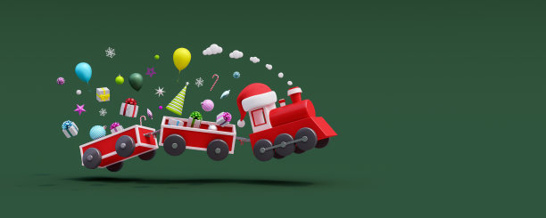 火车和马车在绿色背景上跳跃着礼物和圣诞装饰品。假期交付概念3D渲染图片下载