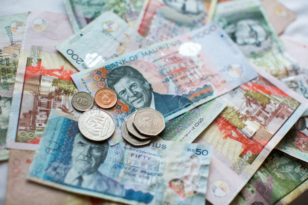 毛里求斯货币毛里求斯卢比(MUR)纸币与硬币接近图片下载
