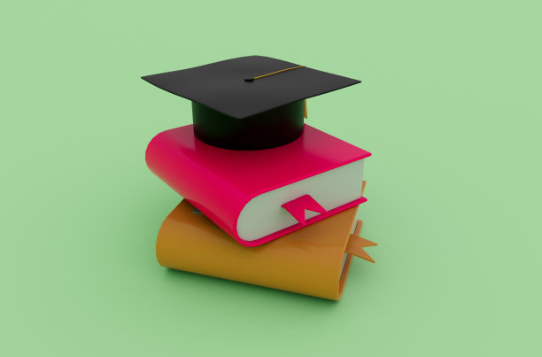 3d插图毕业帽帽子与流苏，图标学士帽与书图片下载