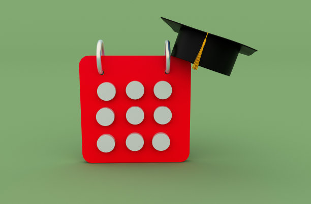 3d插图日历日概念毕业帽与流苏帽子，图标学士帽图片下载
