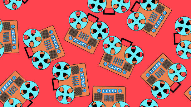 无缝模式无穷无尽的音乐音频卡带老式复古录音机复古潮从70年代，80年代，90年代隔离在红色背景。矢量图图片下载