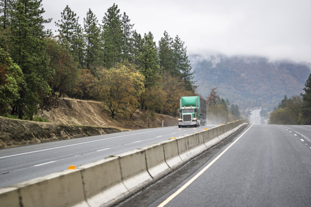 绿色经典的美国偶像大卡车半恶作剧运输货物在有盖的半挂车与前扰流板爬坡上湿雾高速公路图片下载