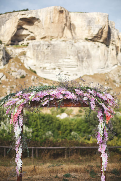 婚礼的拱门在田野里。婚礼仪式。山。图片下载