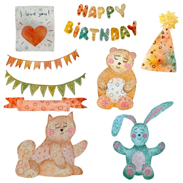 玩具动物卡片生日快乐派对水彩画图片下载