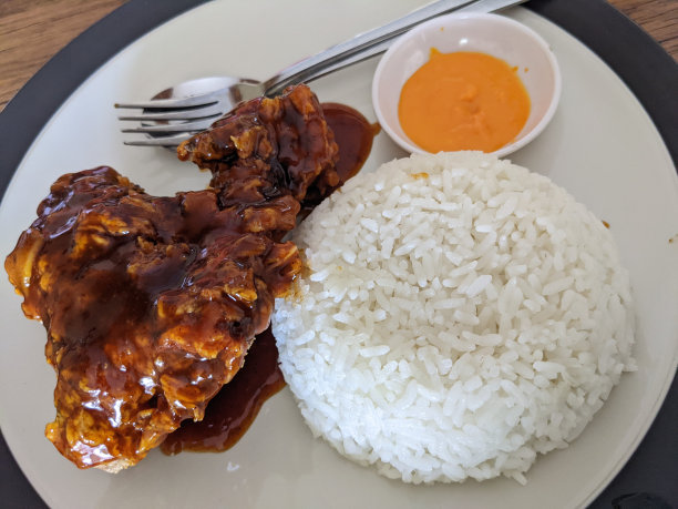 特写照片的辣味鸡肉熔岩奶酪酱和米饭在餐厅。图片下载