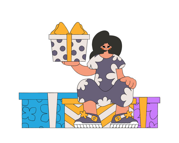 这个女孩手里拿着两件礼物。一个女人坐在礼品盒上。节日惊喜概念。八九十年代风格。图片下载